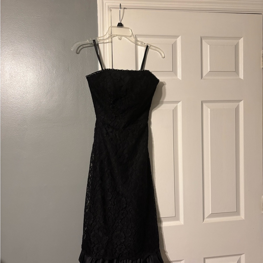 Mori Lee Black Strapless Lace Dress